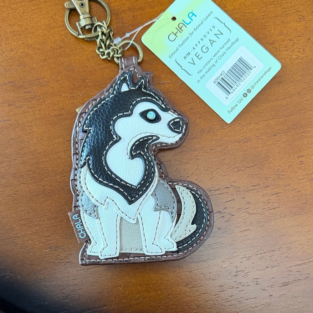 Chala Husky Dog Keychain - change purse Charm in Black, White & Tan
